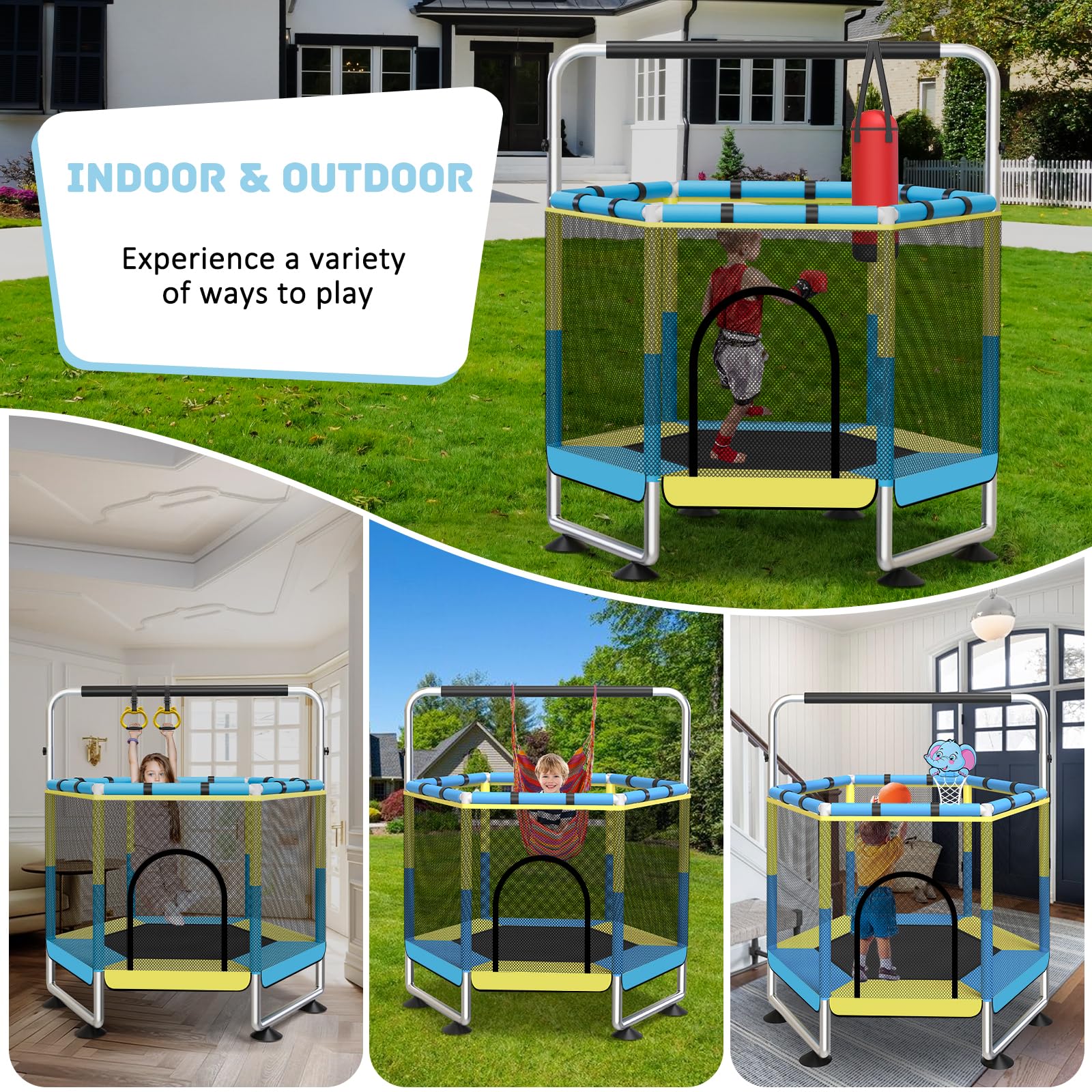 Trampolin Kinder, 150cm Kinder Trampolin Outdoor/Indoor, 200 kg mit Sicherheitsnetz, verbesserte Ringbeine mit Verstellbarer Turnstange, Geschenke für im Alter von 1 bis 8 Jahren