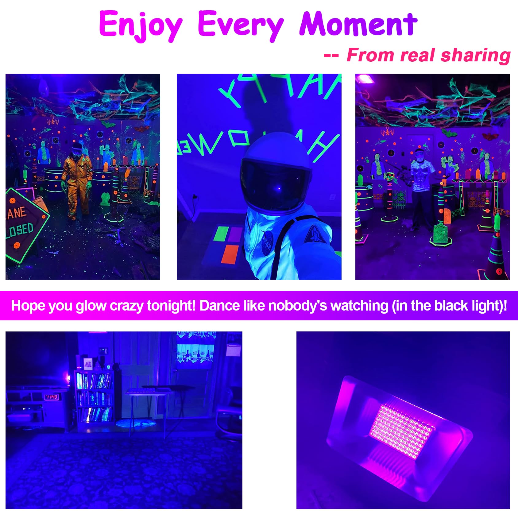 LED Black Light with Glow Tapes, 410nm UV Flood Lights with 10ft Cable & Plug, IP66 Waterproof, for Halloween Glow Party, Stage, Aquarium, Body Paint, Fluorescent Poster, 120V: 150W