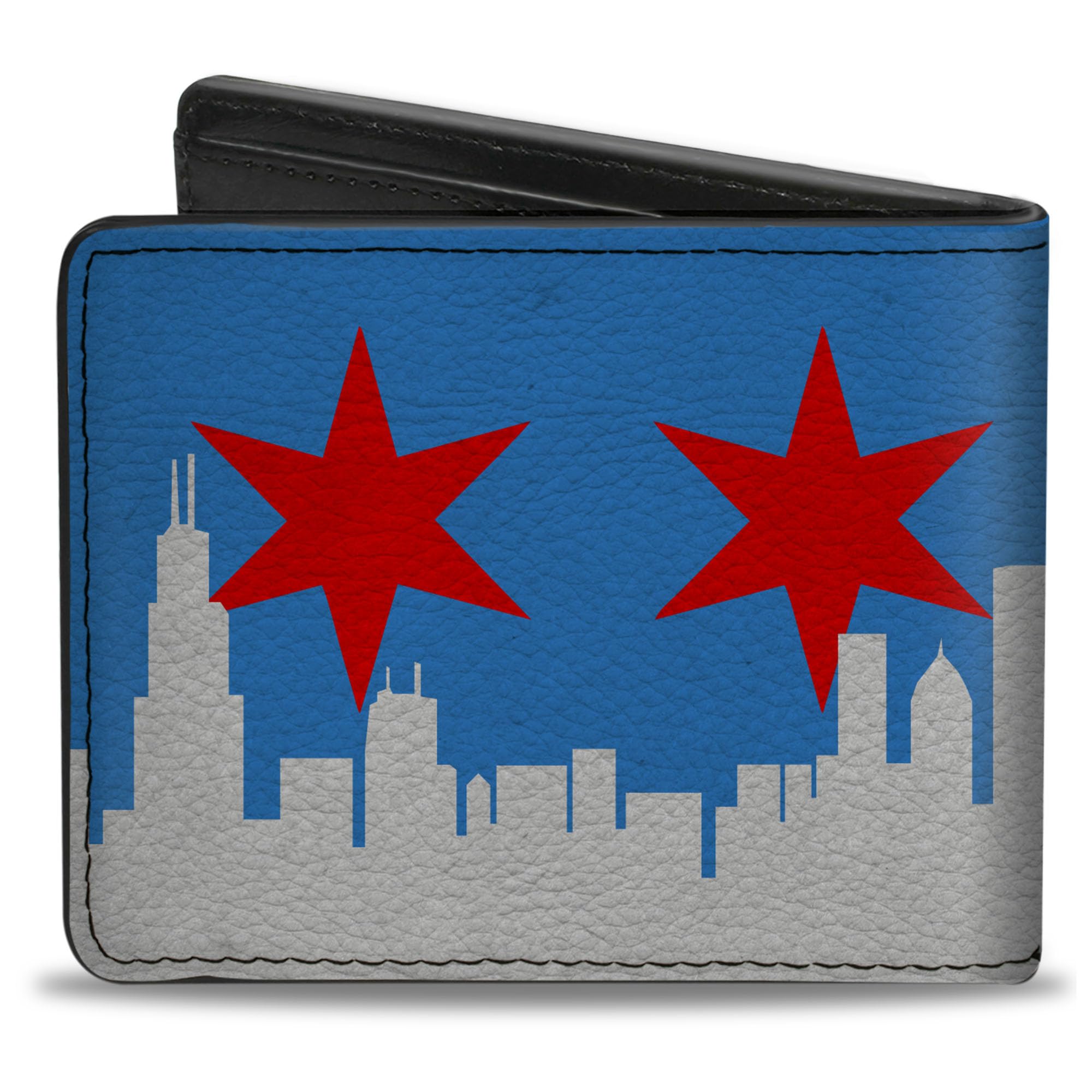 Buckle-Down Men's Wallet, Bifold, Chicago Skyline Flag Distressed Black White Red, Vegan Leather, 4.0