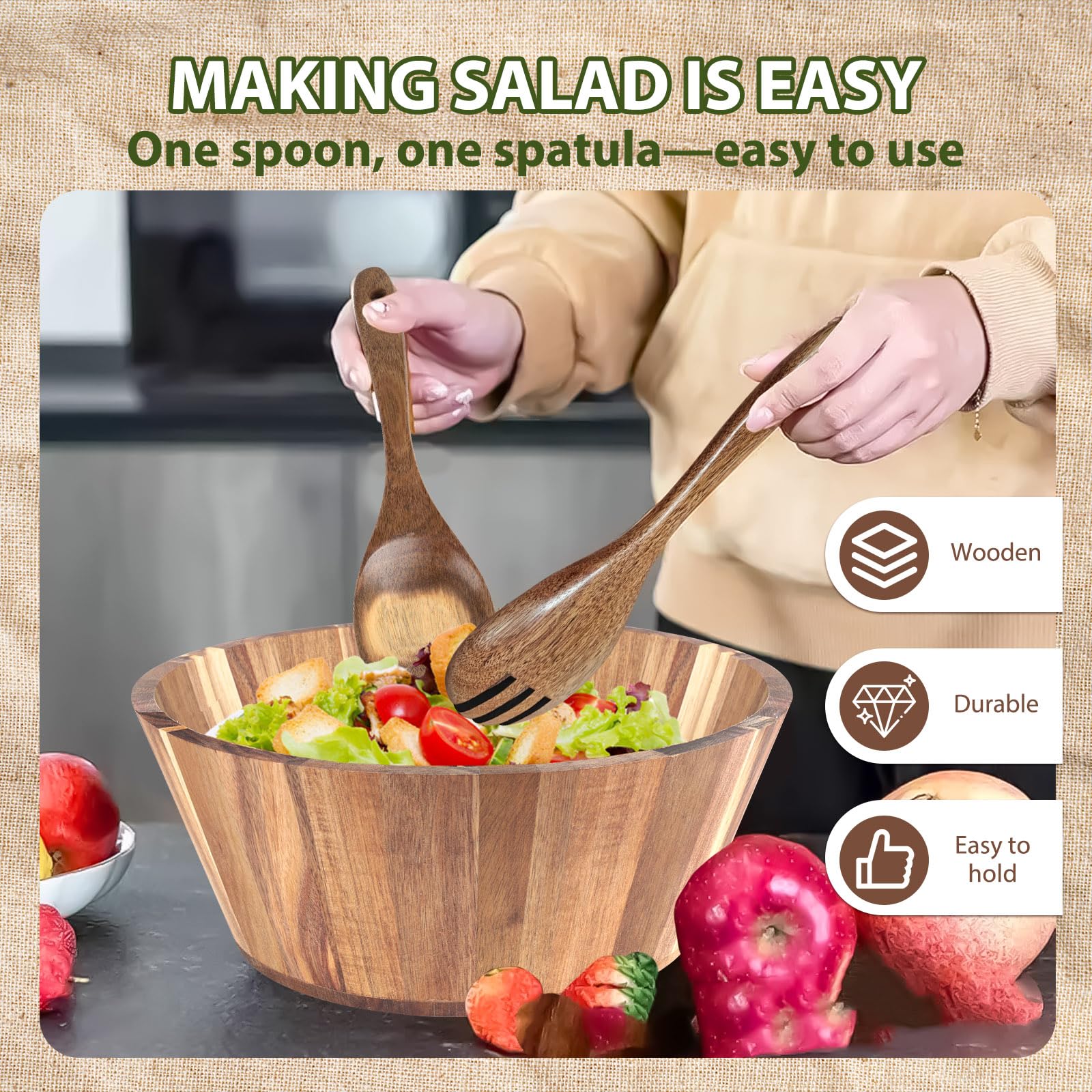 Juego de 3 cuencos de ensalada de madera de acacia de 11.8 pulgadas, cuenco grande con utensilios de servir, tenedor y cuchara para mezclar frutas, cereales, cocina, fiesta en casa (3