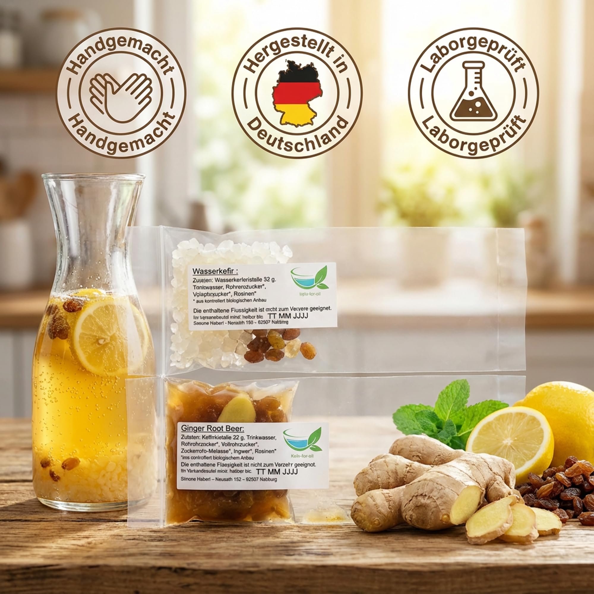 Kefir-for-all Bio-Wasserkefir & Bio-Ginger Root Starterset Kulturen 2x32 g - Lebende Kulturen - 64 g inkl. deutscher Anleitung