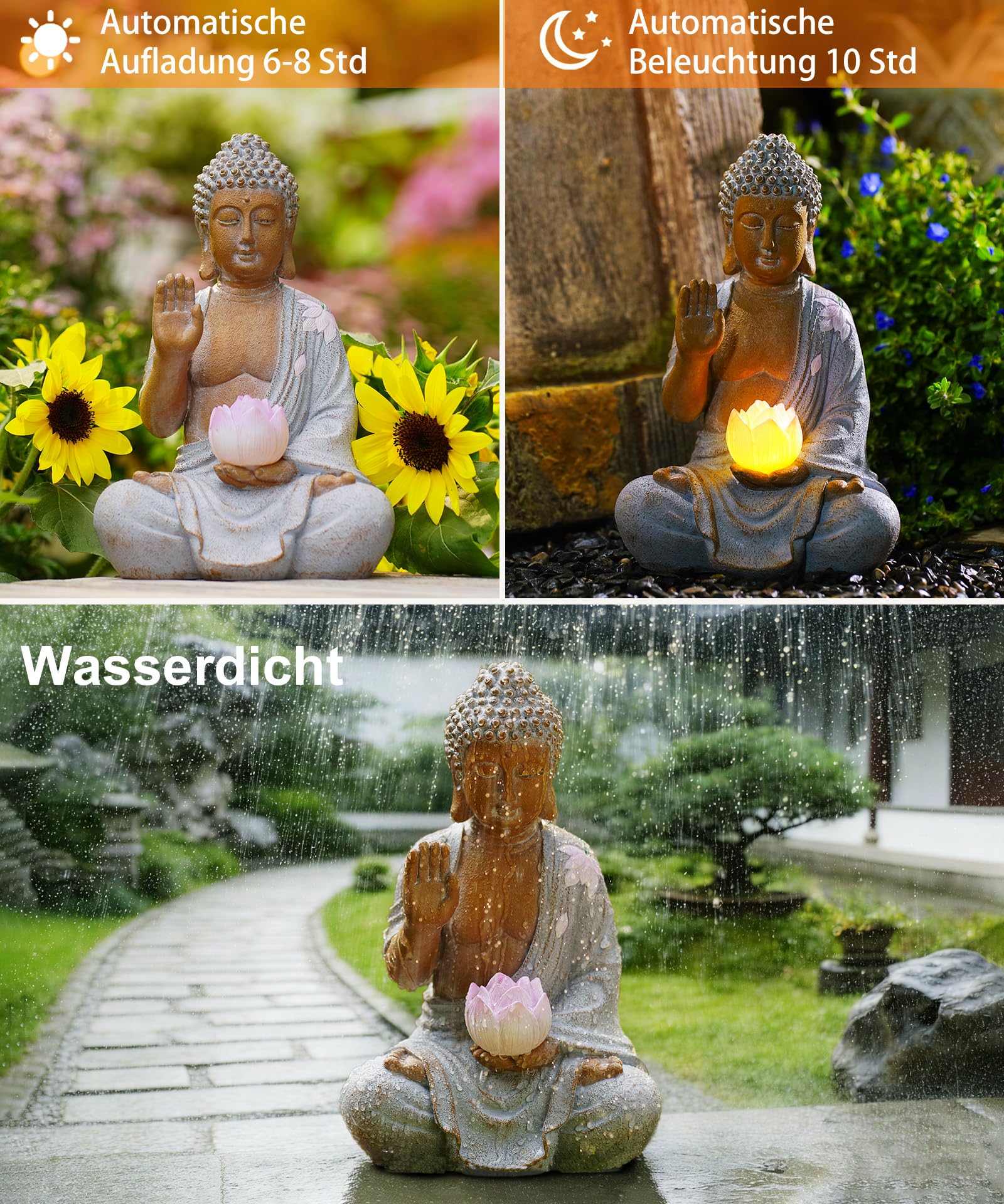 Yeomoo 27CM Buddha Figur mit Solar LED Lotus Gartendeko für Draußen