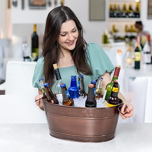 Miniatura 3 de BREKX Bañera galvanizada para fiestas, cubo de bebida ovalado con asas, cubo enfriador de vino con acabado de cobre Colt para bar en casa (15
