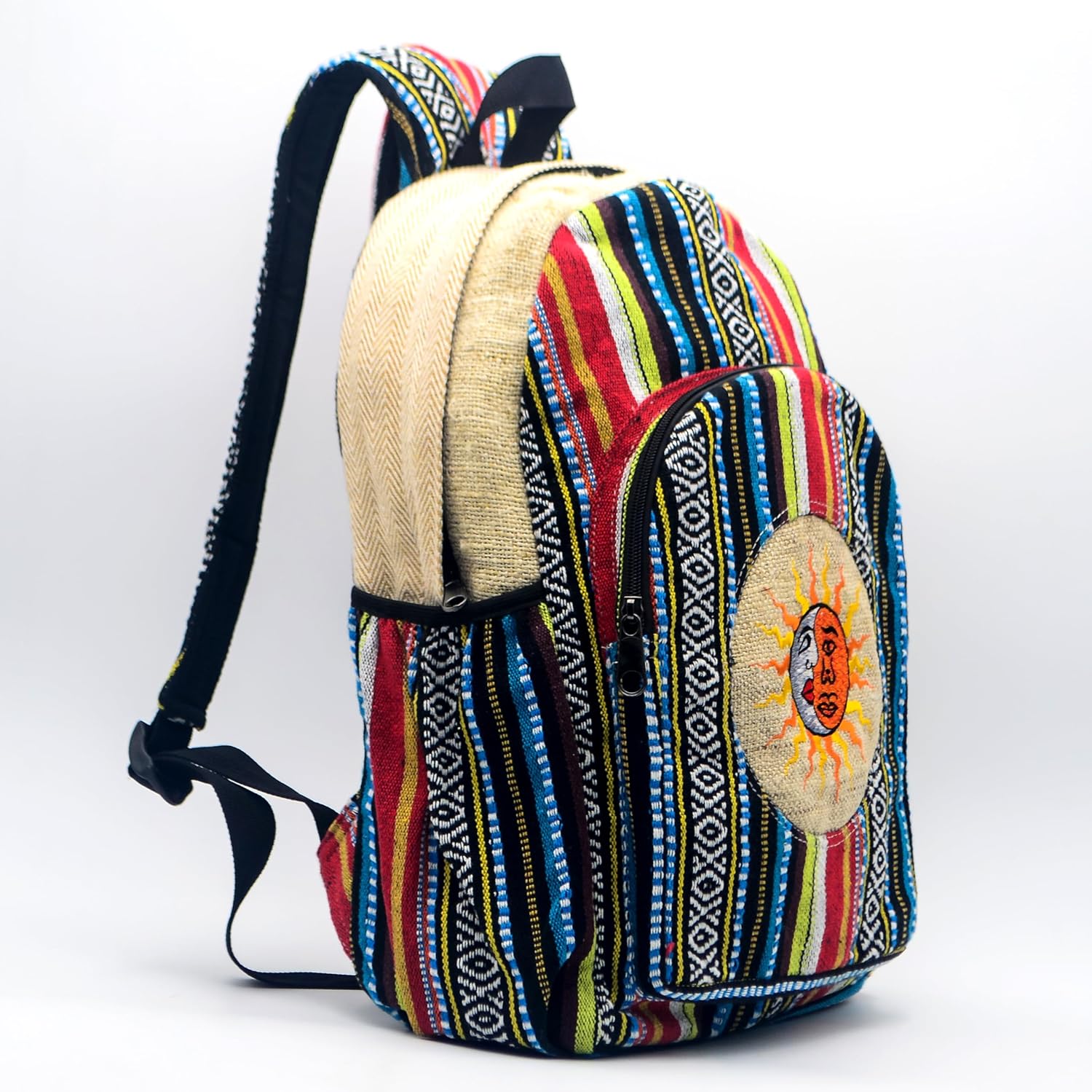 Anitya Hemp Backpack, 16x11 inches, Multi-Compartment Boho Daypack with Laptop Sleeve, Sun & Moon Embroidered Front Pocket, Handmade Nepal Hemp Bag, Unisex Eco-Friendly Travel Backpack - Image 2
