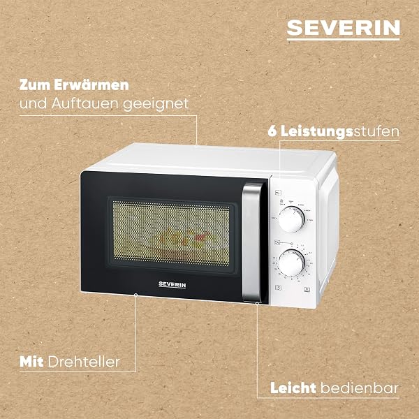 SEVERIN Mikrowelle Solo, zum Auftauen und Erhitzen, Mikrowellengerät mit Drehteller für gleichmäßige Wärmeverteilung 17 L, Weiß /Edelstahl, MW 7885 - 5