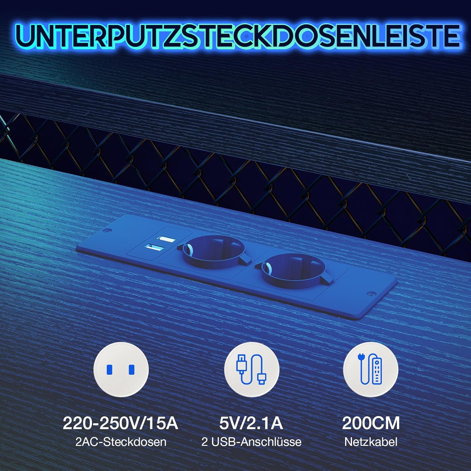 Close-up of ODK desk's built-in power outlets and USB ports
