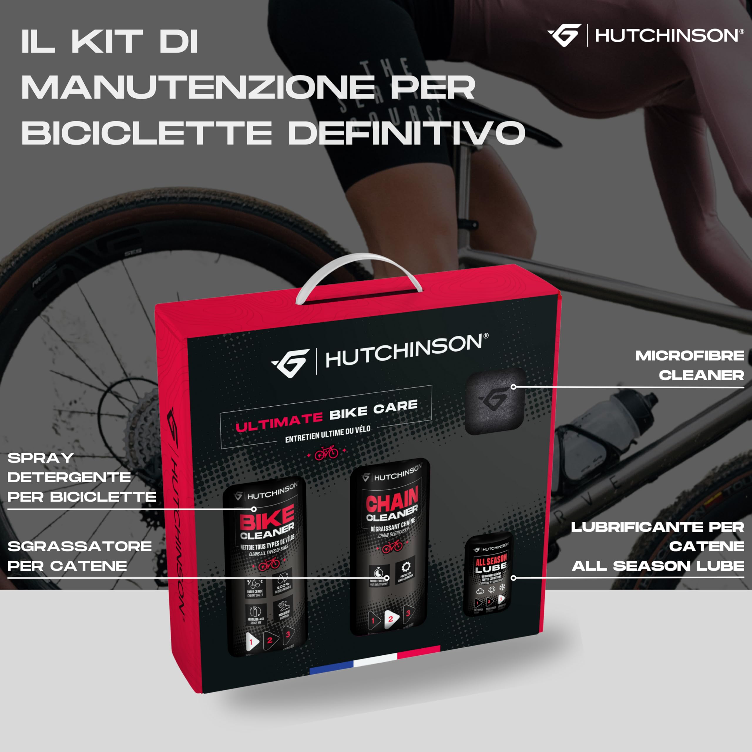 HUTCHINSON - ULTIMATE BIKE CARE - Pacchetto completo per la manutenzione della bicicletta 4 in 1 | Detergente, sgrassante, lubrificante per tutte le condizioni, microfibra | Formato economico