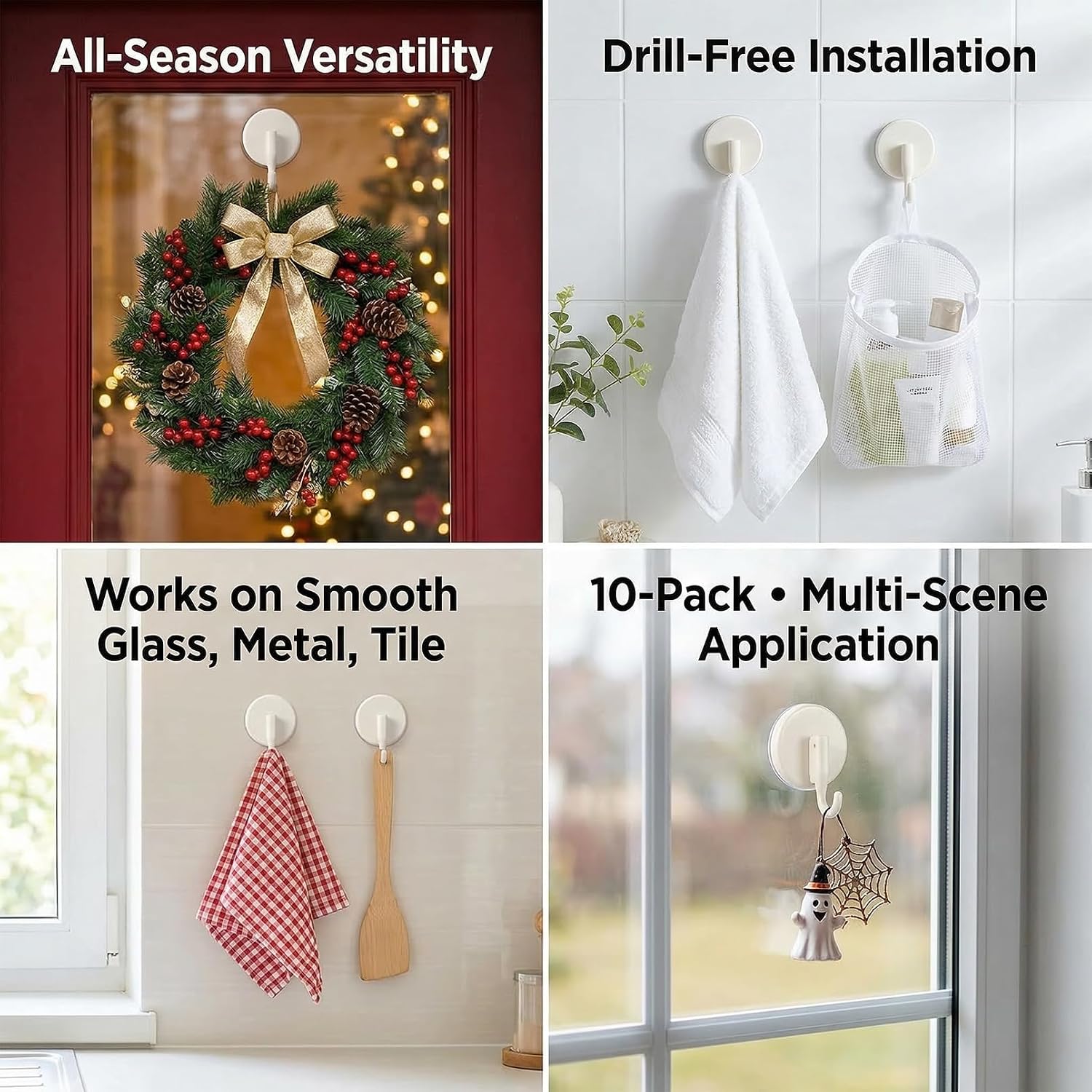 Suction Cup Wreath Door Hanger, 10-Pack Upgraded Reef Wreath Hook for Front Door/Glass Window/Over Door, Spring/Summer/July 4th/Christmas/Thanksgiving/Halloween/Easter (White-10)