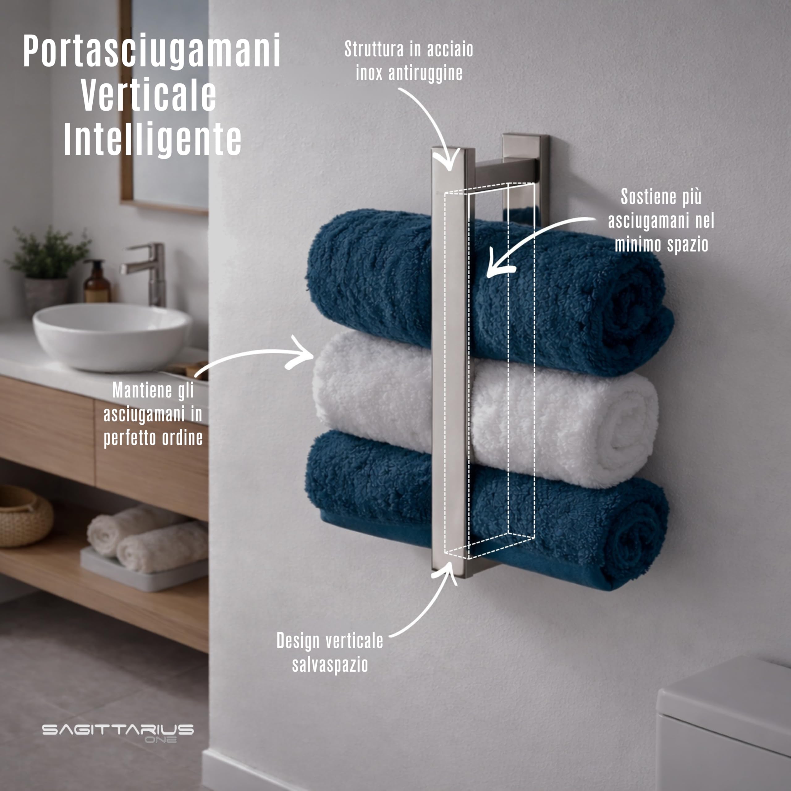 400S1 Porta Asciugamani Muro 40cm Acciaio Inox SUS 304 Antiruggine Design Moderno Bagno - Finitura Lucida - Porta Asciugamani Adesivo