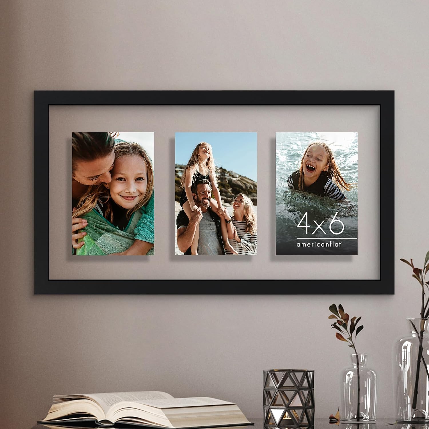 Americanflat 4x6 Collage Picture Frame with Shatter-Resistant Glass - Fits Three 4x6 Photos or use as One 9x17 Frame - Signature Collection - Collage Frames with Floating Effect - Black