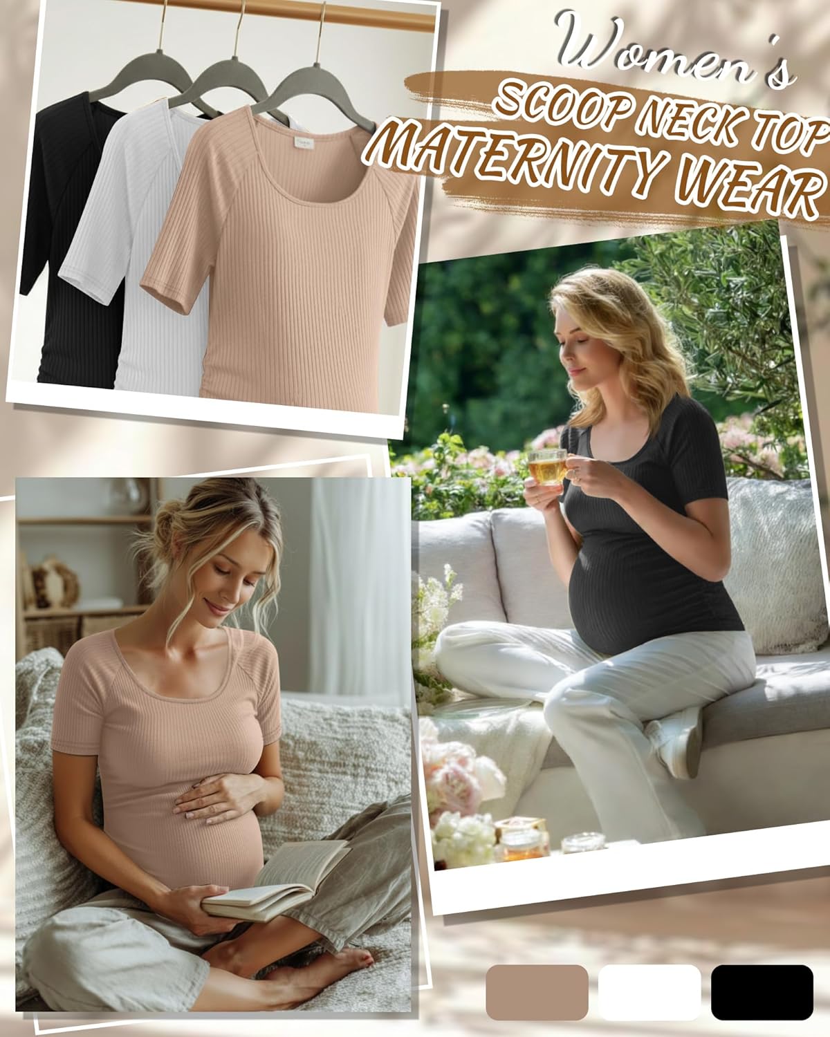 3 Pack Women's Cotton Maternity Shirts Ribbed Short Sleeve Side Ruched Pregnancy Tops Scoop Neck Mama Clothes - Image 3