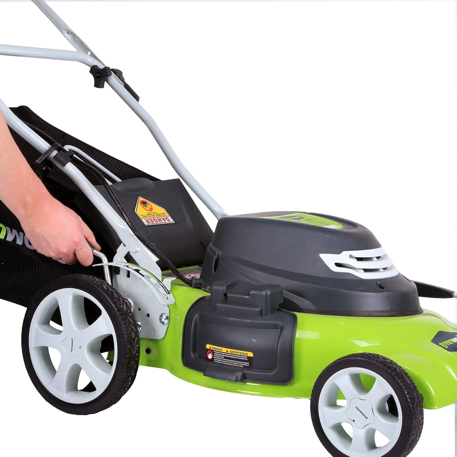 review Greenworks 12 Amp 20-Inch 3-in-1Electric Corded Lawn Mower, 25022 & Amazon Basics 50-Foot 3-Prong Vinyl Indoor/Outdoor Extension Cord - 13 Amps, 1625 Watts, 125 VAC, Orange