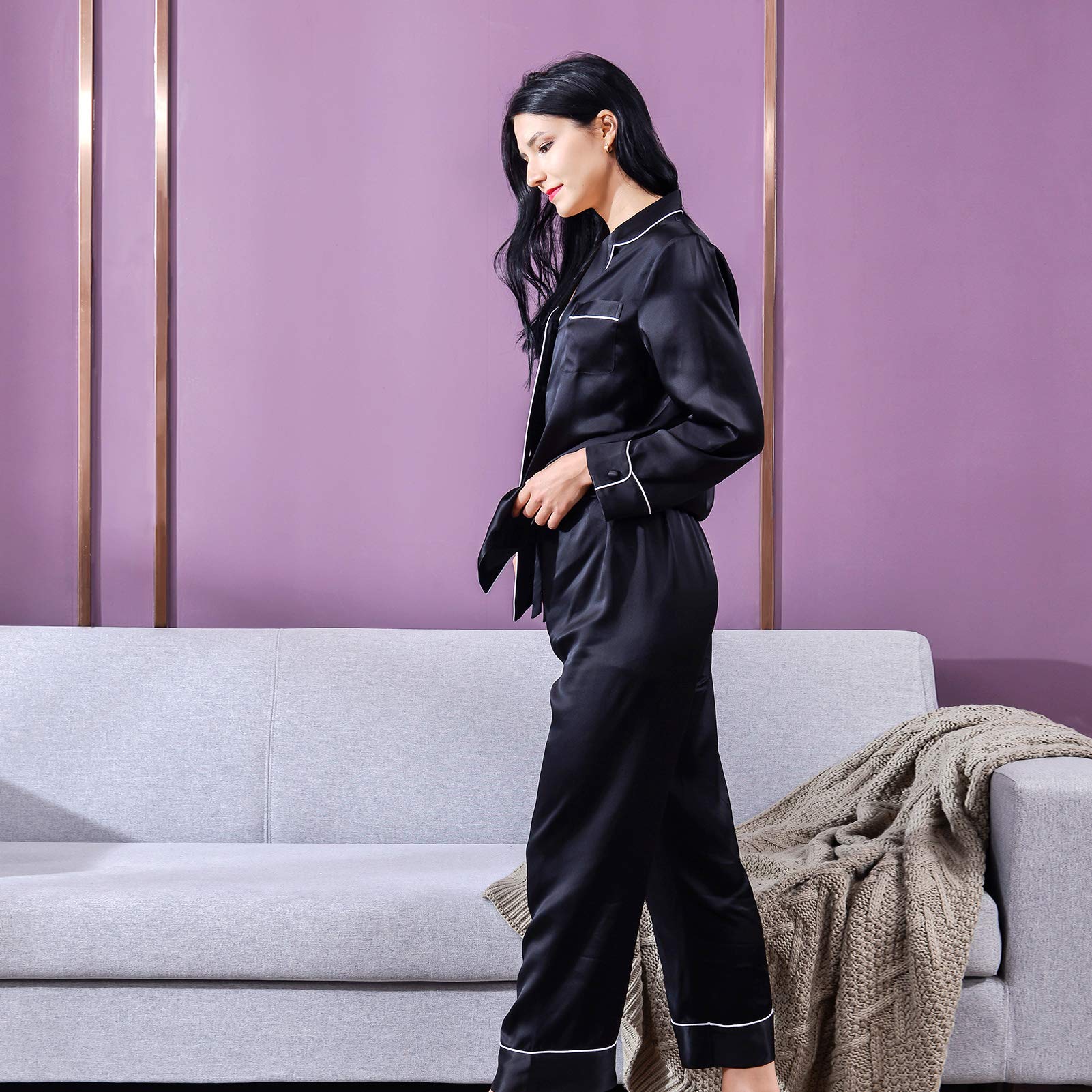 THXSILK Seide Pyjama Set Damen Schlafanzug Lang aus 100% Seide 19 Momme V-Ausschnitt Zweiteiliges Nachtwäsche Langarm