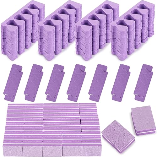 102pcs Toe Separators Set - Premium Pedicure Tool Super Soft Pedicure Toe Separator- Mini Nail Buffer Block File 80/100 Grit 2 Sided, Purple