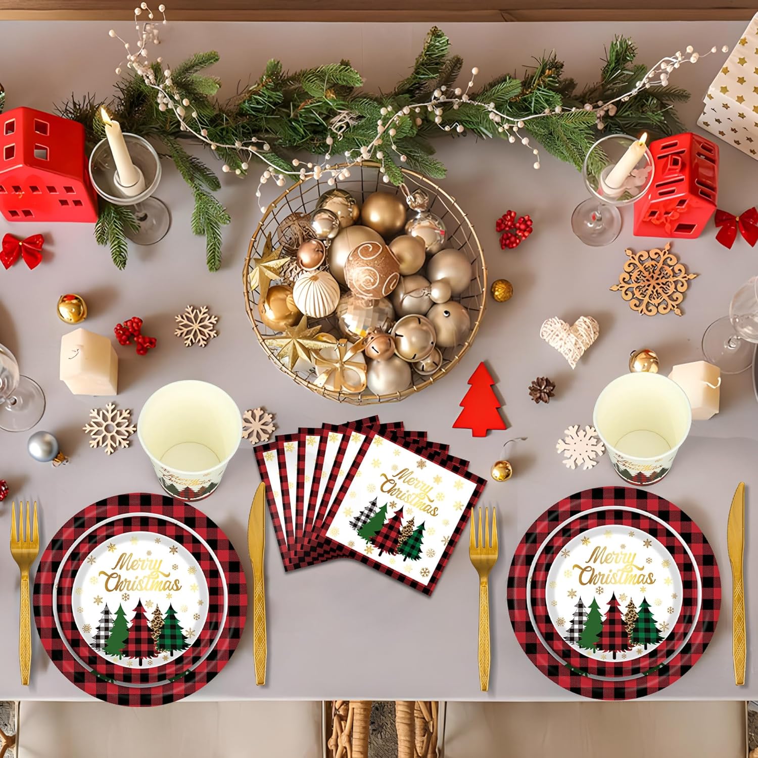 Christmas Paper Plates Napkins Cups Disposable Merry Christmas Party Tableware Supplies Buffalo Plaid Xmas Tree Snowman Paper Dinnerware Set for Holiday Xmas Party Supplies, Serve 25
