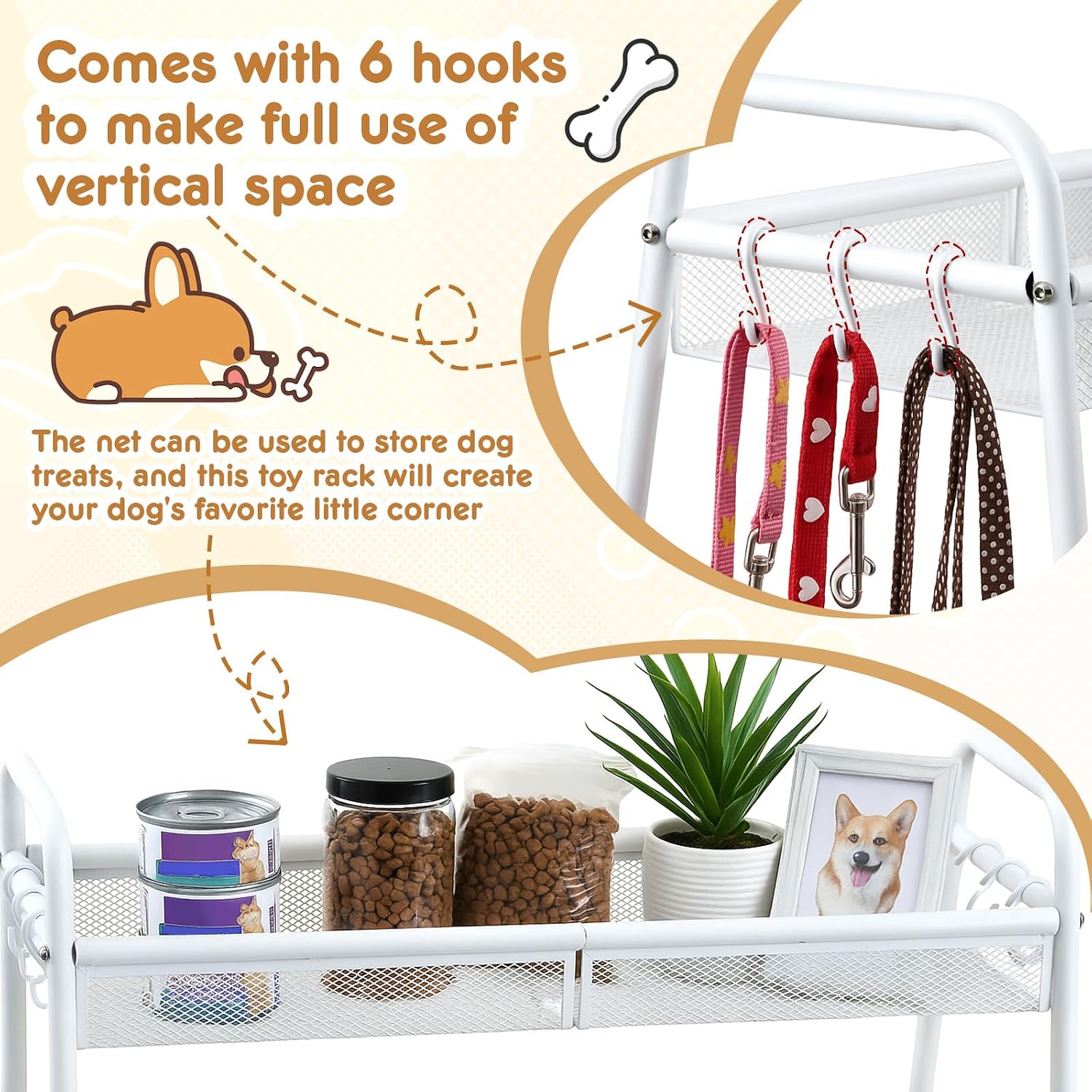 Zonon Large 2 Tier Dog Toy Organizer Basket Metal Pet Storage Bin with Collar Leash Holder Hook,Trapezoid Pet Toy Box for Food, Snacks & Accessories, Holder Chest for Dog & Cat Essential Supplies