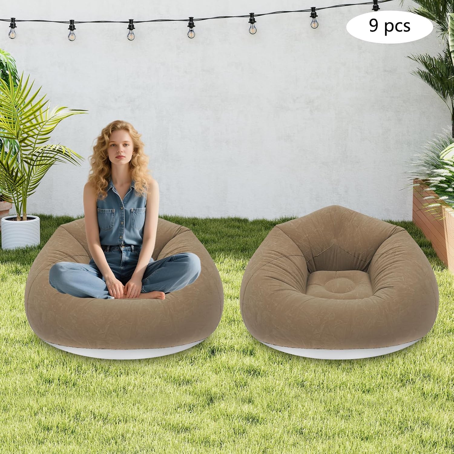 Inflatable Bean Bag Chairs for Adults, Blow Up Couch, Folding Inflatable Lazy Sofa with Air Pump, Flocking Portable Lounge Seating for Movie Night Living Room Outdoor Camping (9, Coffee)
