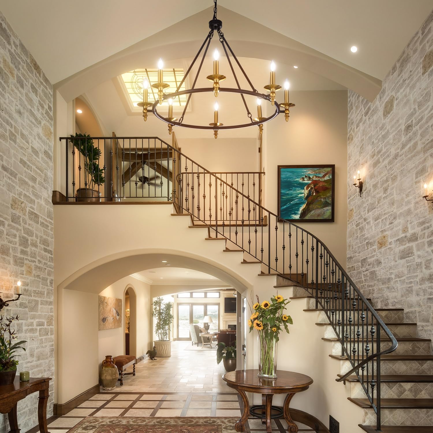 Wellmet Black Gold Wagon Wheel Chandelier, 35inch Diameter Wagon Wheel Chandelier, 8-Light Rustic Wagon Wheel Pendant Light for Living Room, Bedroom, Hallway, Entryway, Dining Room