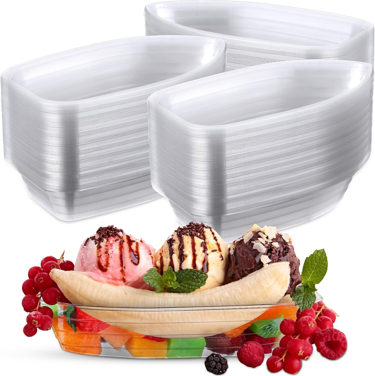 Rtteri 400 Pcs Banana Split Boat Plate 12oz Disposable Ice Cream Sundae Bowls Banana Split Bowls Clear Pet Plastic Splits Bowl Tray for Party Dish Dessert Birthday Carnivals Gelato Home