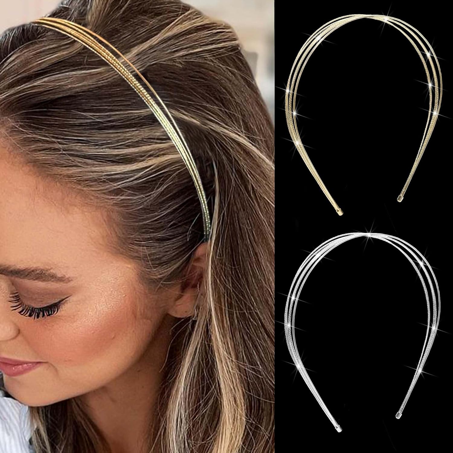 Gold Headband Elegant Metal Headbands Multi Layers Silver Headpiece Fashion Hairband Row Wire Head Bands Cute Hair Accessories For Women Girls 2 Pack