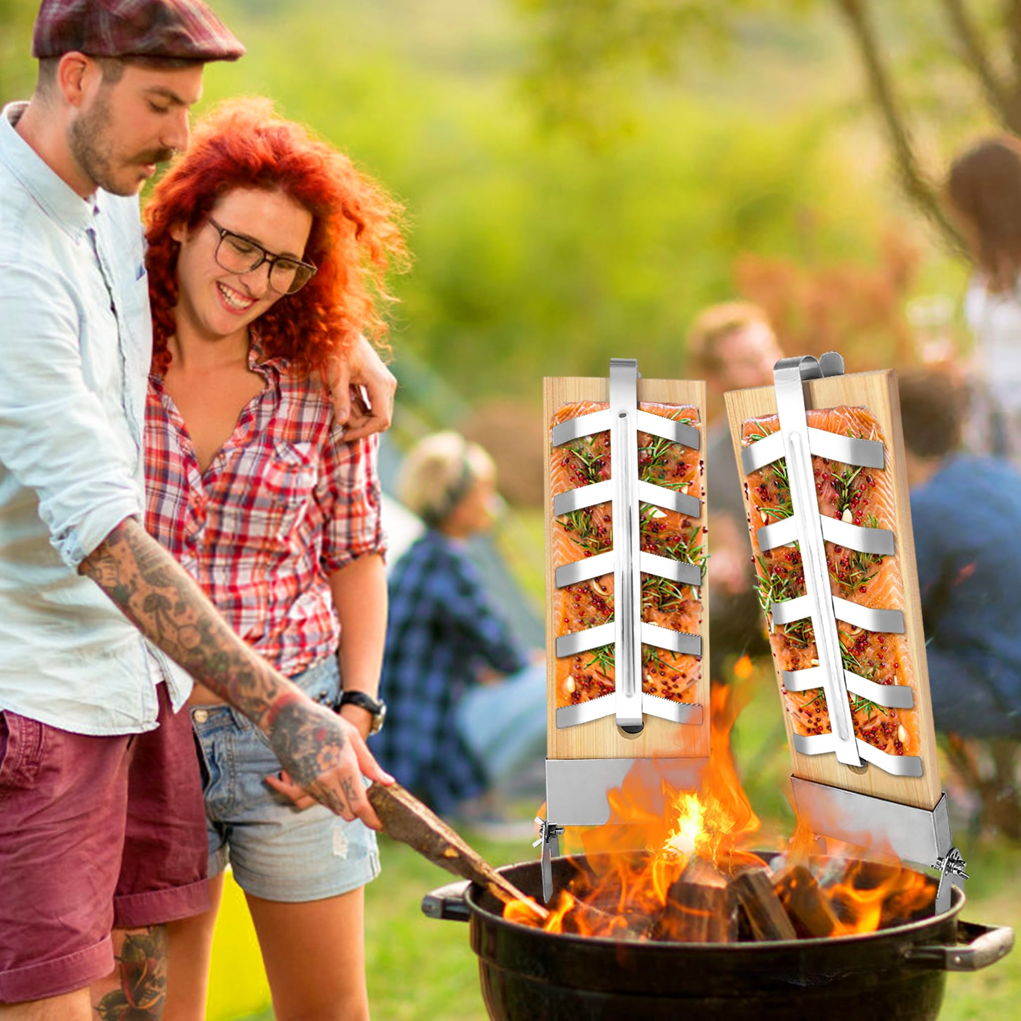 UISEBRT 2 x Flammlachsbrett - Flammlachsbretter mit Edelstahl-Halterung Lachsbretter zum Grillen, 5 Stufen Einstellbares Winkelsystem Räucherbrett Zedernholzbrett für Feuerschale & Grill