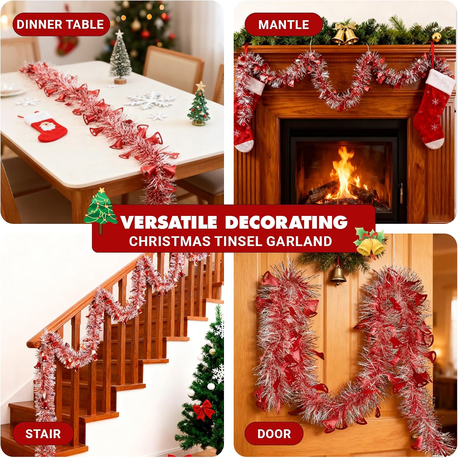 3PACK 10Feet Christmas Bell Tinsel Garland,Sliver and red Metallic Tinsel Twist Garland Glittering Decoration for Christmas Tree Decor Wedding Summer Luau Birthday Party Indoor Hanging Home