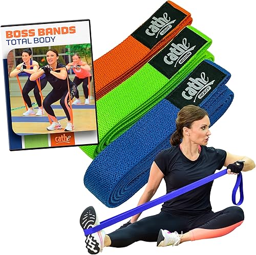Cathe Boss Bands - Juego de 3 bandas de tela y DVD de entrenamiento Cathe para todo el cuerpo, también incluye funda de transporte Cathe para tus