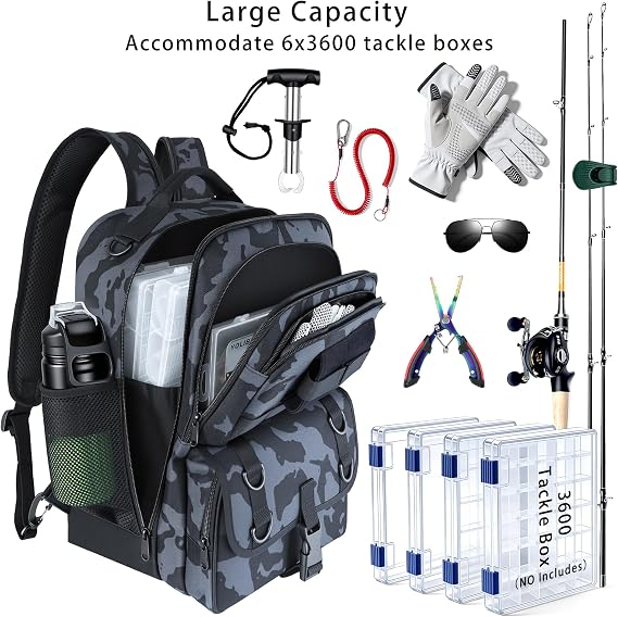 Fishing Backpack with Tackle Boxes,Fishing Sling Tackle Bag with Rod Holder Waterproof Fishing Bag with Fishing Gear, Fishing Gifts for Men Women Gear Combo Kit,Camouflage Black