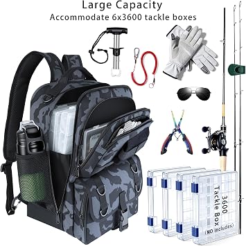 Fishing Backpack with Tackle Boxes,Fishing Sling Tackle Bag with Rod Holder Waterproof Fishing Bag with Fishing Gear, Fishing Gifts for Men Women Gear Combo Kit,Camouflage Black