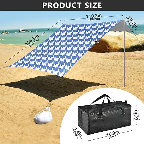 Miniatura 3 de Tienda de campaña de playa clásica con diseño de pata de gallo azul y blanca UPF50, impermeable, sombra con bolsa de transporte para camping,