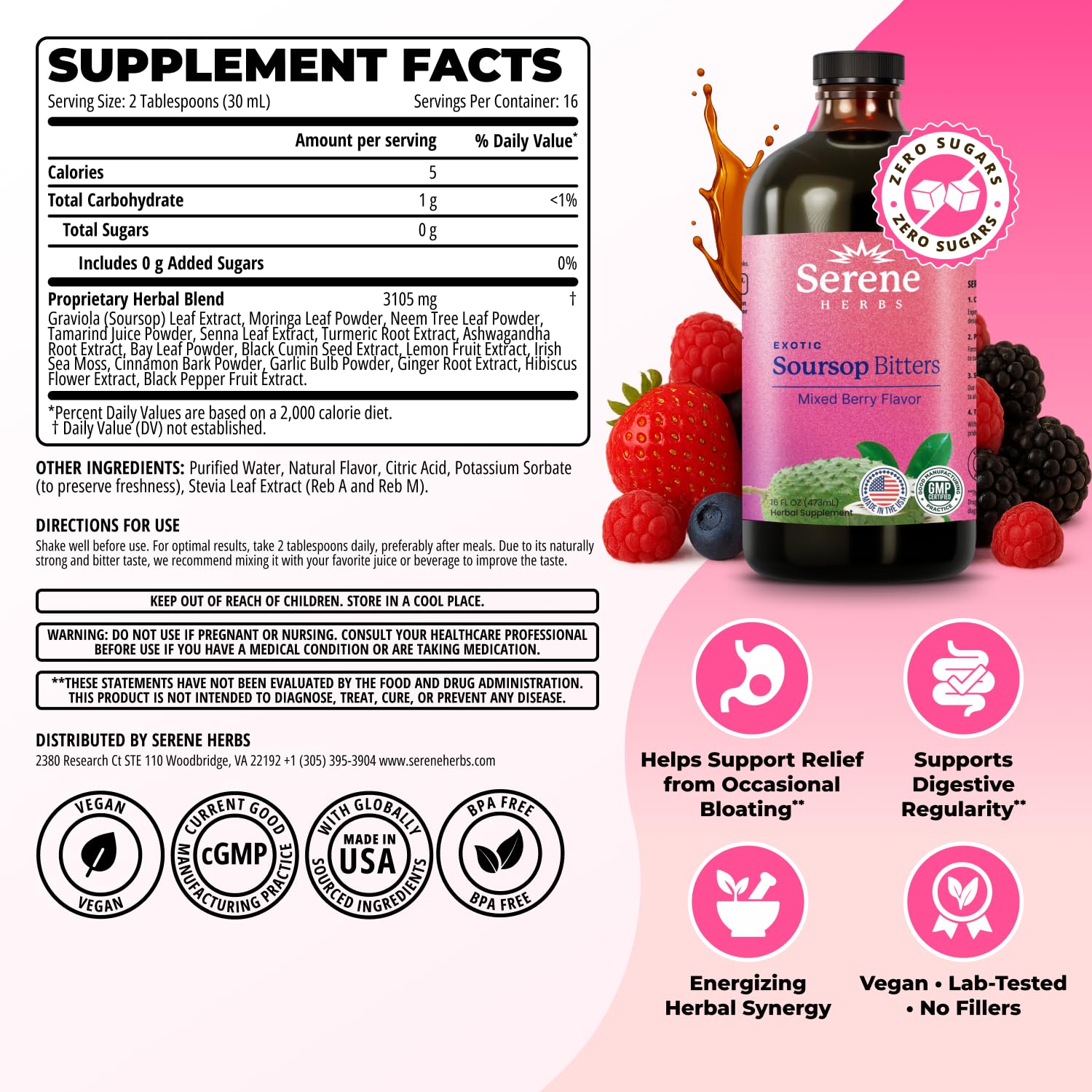 Serene Herbs Soursop Bitters Liquid with Soursop Leaves for Gut Cleanse, Detox & Immune Boost with Black Seed, Moringa, Irish Moss, Ashwaganda, Turmeric,(16 Fl Oz (Pack of 1), Mixed Berry) — Amazon image 3