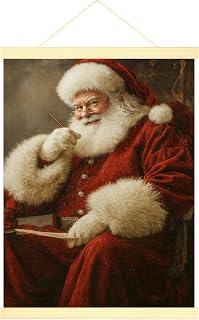 Santa Claus Canvas Hanging Poster Wall Art, Christmas Vintage Red Suit White Fur Xmas Red Wall Paintings Prints Art Home Bedroom Living Room Decor 12x16 Inches