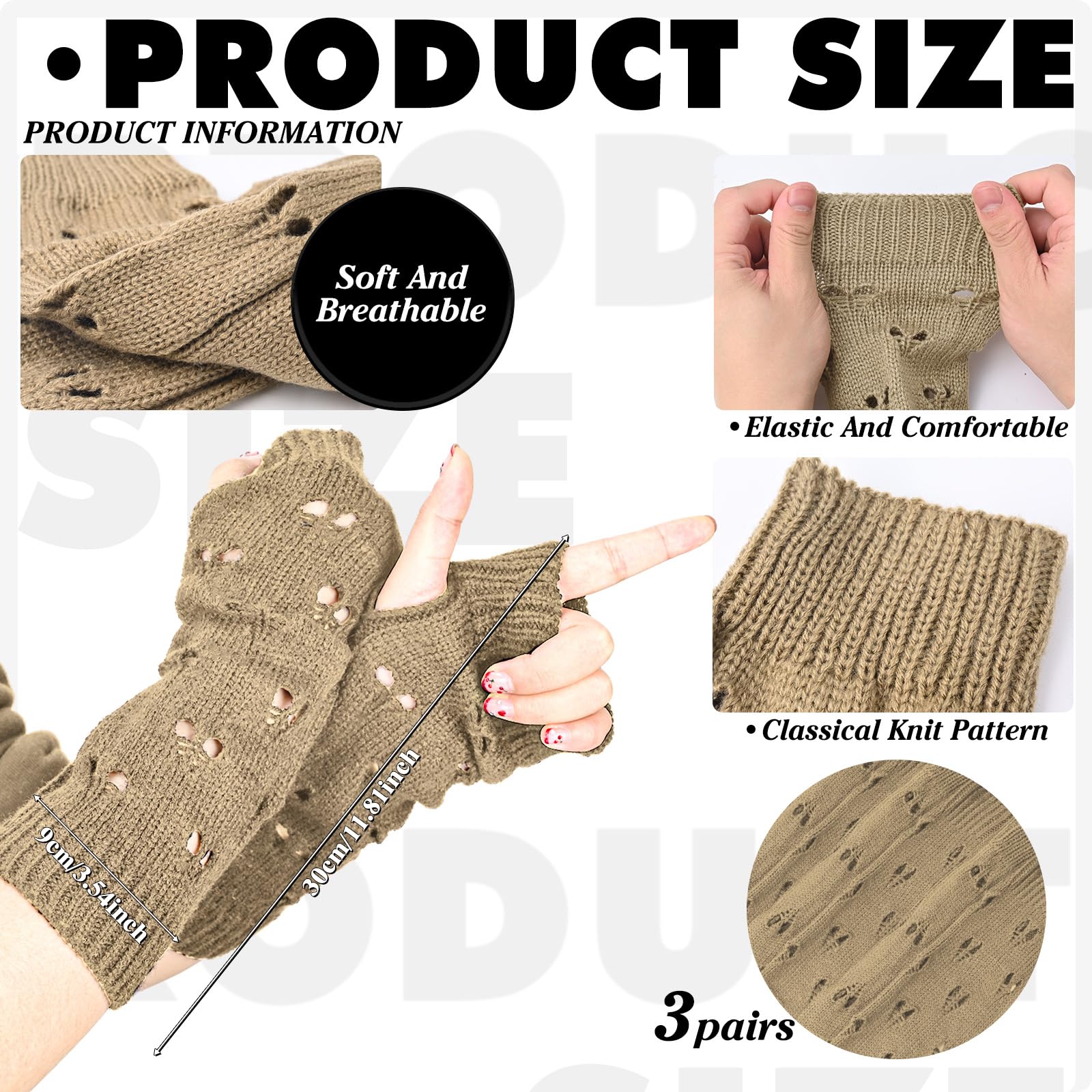 MAKCNMYM 3 Pairs Arm Warmers Y2K Khaki Fairy Grunge Gloves Long Fingerless Gloves Harajuku Ripped Crochet Knitted Sleeves