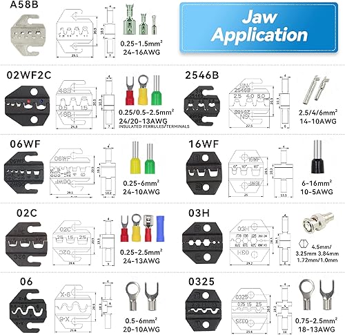 Miniatura 3 de HKS Juego de herramientas de crimpado de trinquete, 11 piezas con mandíbulas intercambiables para Dupont JST MOLEX - Terminales de barril abierto,