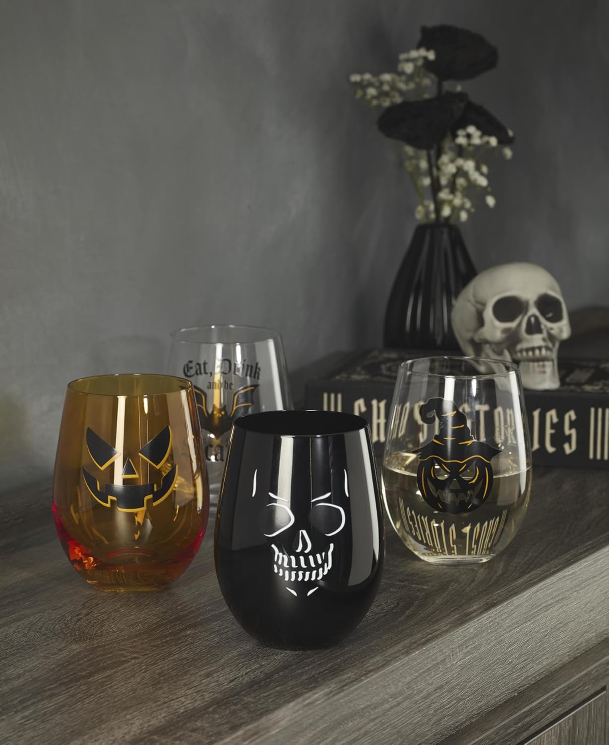 Oneida Barware, Vintro Halloween Stemless Wine Glasses, Set of 4, Dishwasher Safe, Made of Glass, Spooky Drinking Glasses Set, Halloween Decor Indoor, Skeletons and Bats as Design (4 Piece, 18 Oz) - Image 4