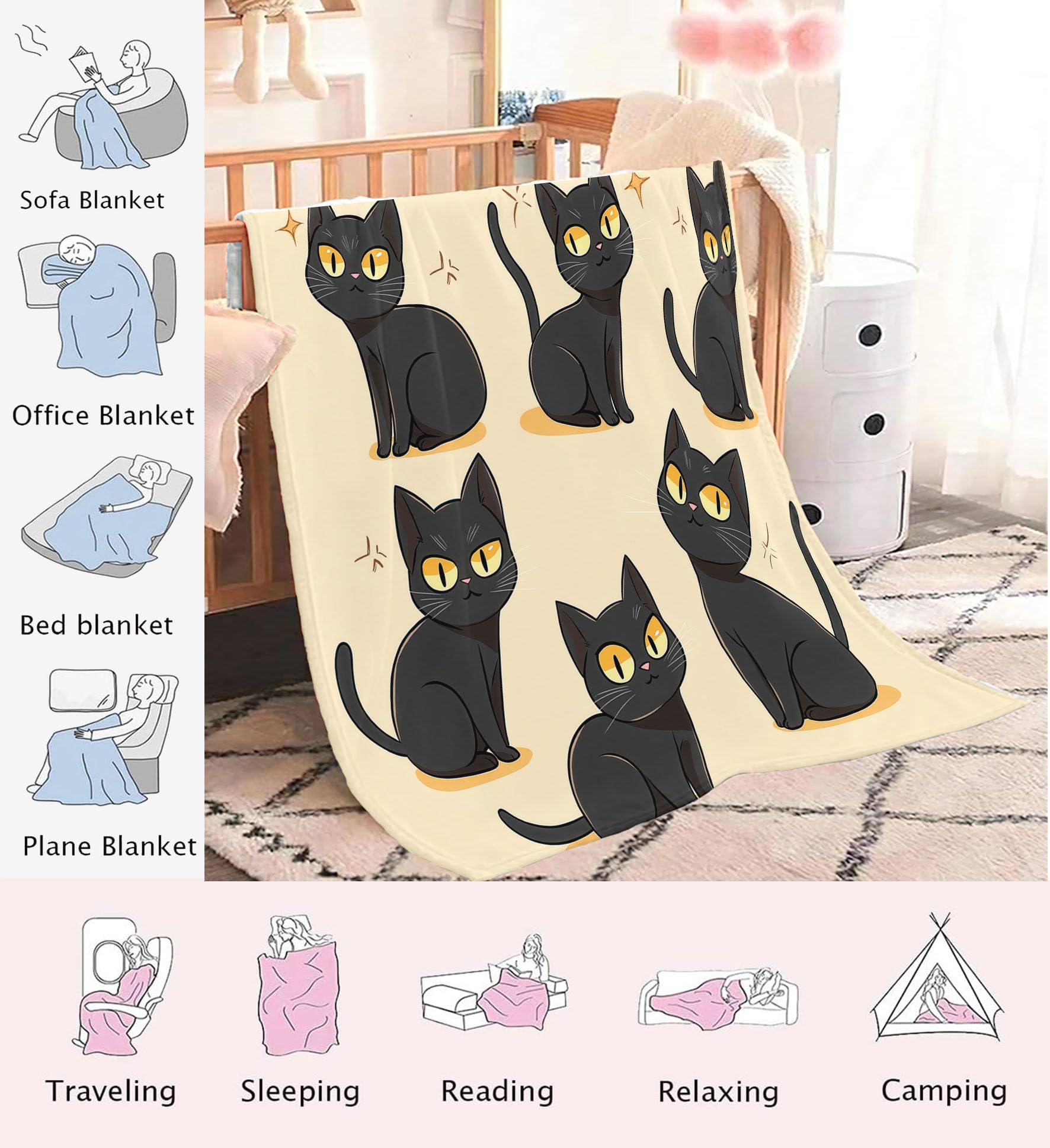 Manta Estampada Lindo Gato Negro, Suave y Mullida Ligera Franela Dibujos Animados Animales Negro Manta, para Adolescentes y Adultos habitación Cama Sofá y Viaje 180x200 cm