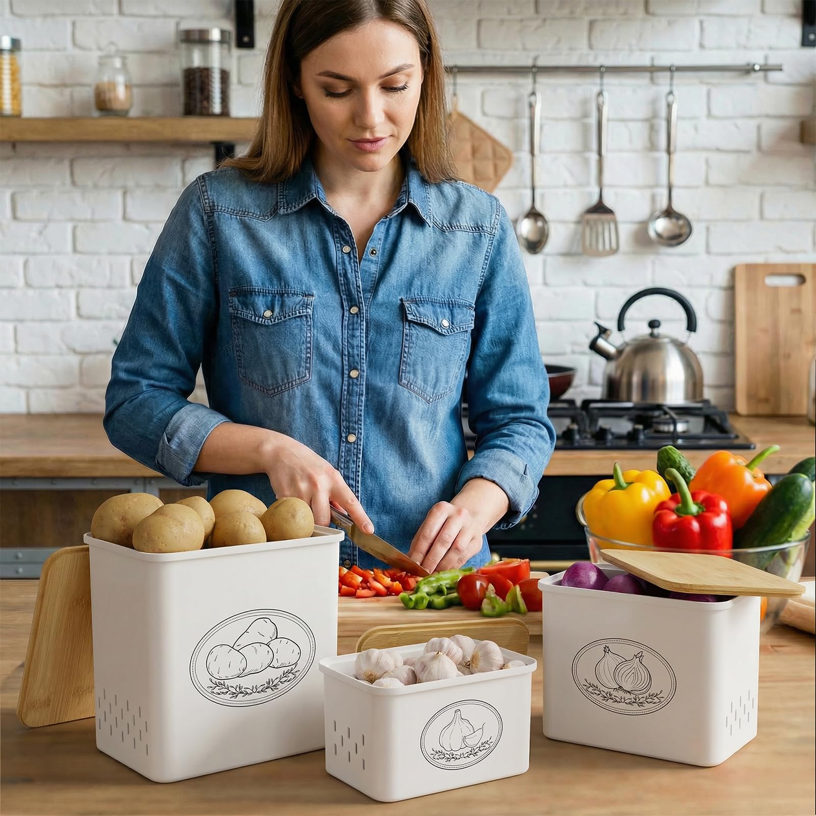 Lifewit Kartoffel Aufbewahrungsbox, 3er Set Große Kunttsoff Vorratsdosen für Kartoffel Zwiebel knoblauch Aufbewahrung, Stapelbare Kartoffelbox Aufbewahren Küche mit Frischebelüftung, 24 cm(H) Weiß Küche, Haushalt & Wohnen