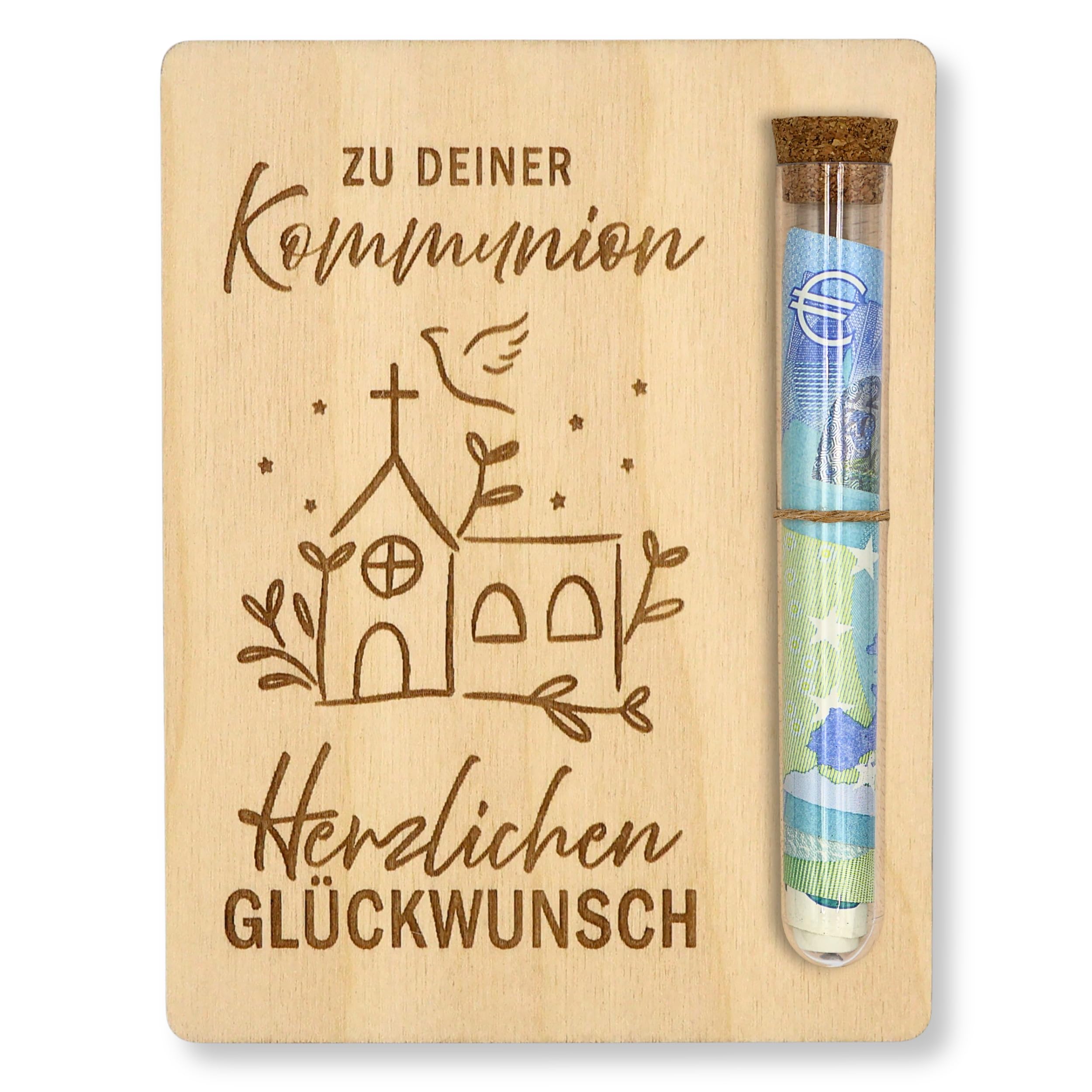 ZUKLA Verpackung für Geldgeschenke Kommunion - 13 x 10 cm - mit Reagenzglas - Geschenk für Jungen & Mädchen - Geldgeschenk Verpackung Holz