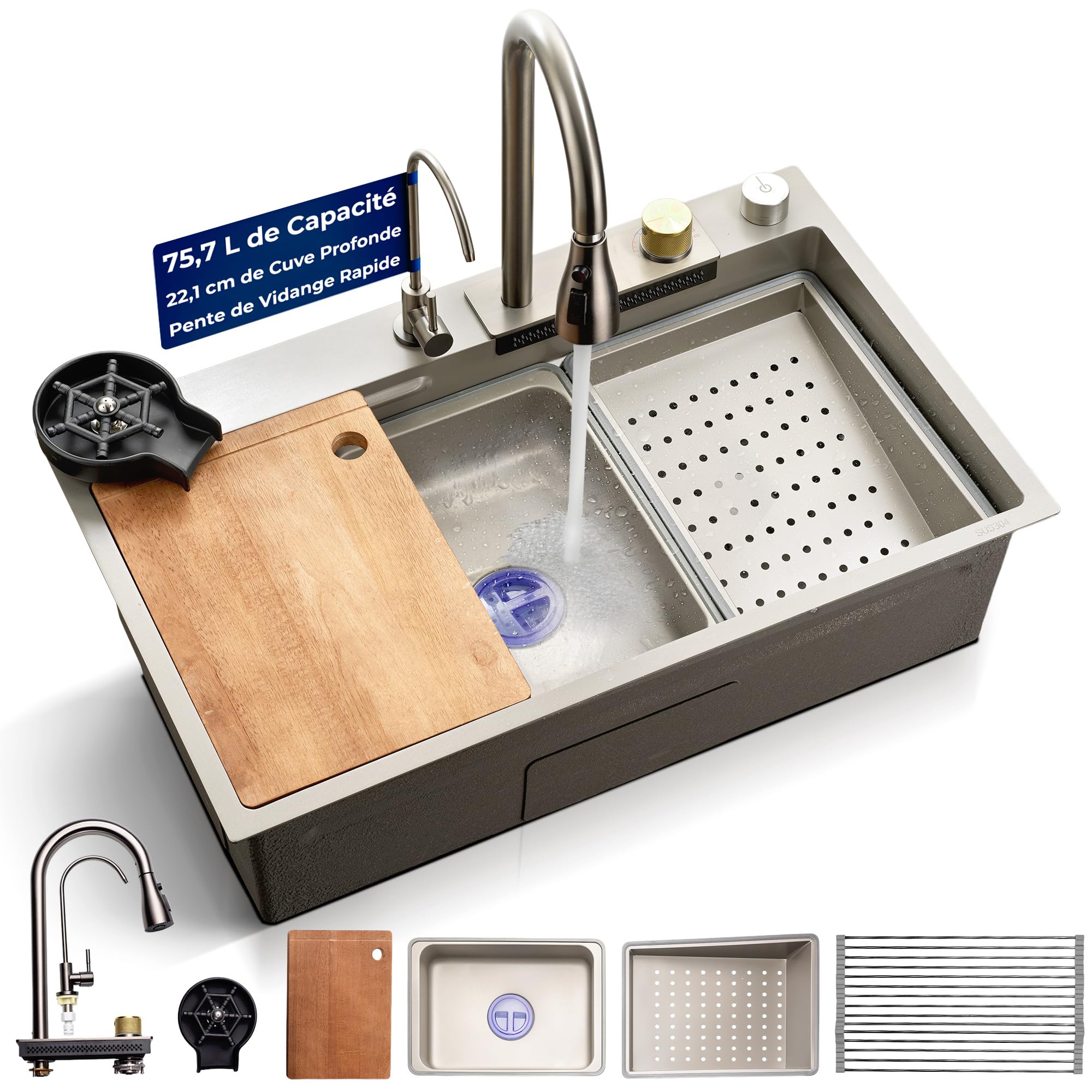 SereneLife Evier Cuisine 1 bac Inox 75 x 46 x 22cm – Evier Cuisine Multifonction avec Égouttoir – Lavabo Cuisine avec Cuve Profonde, Robinet et Lave-Tasses Intégrés, Planche à Découper, Design Moderne