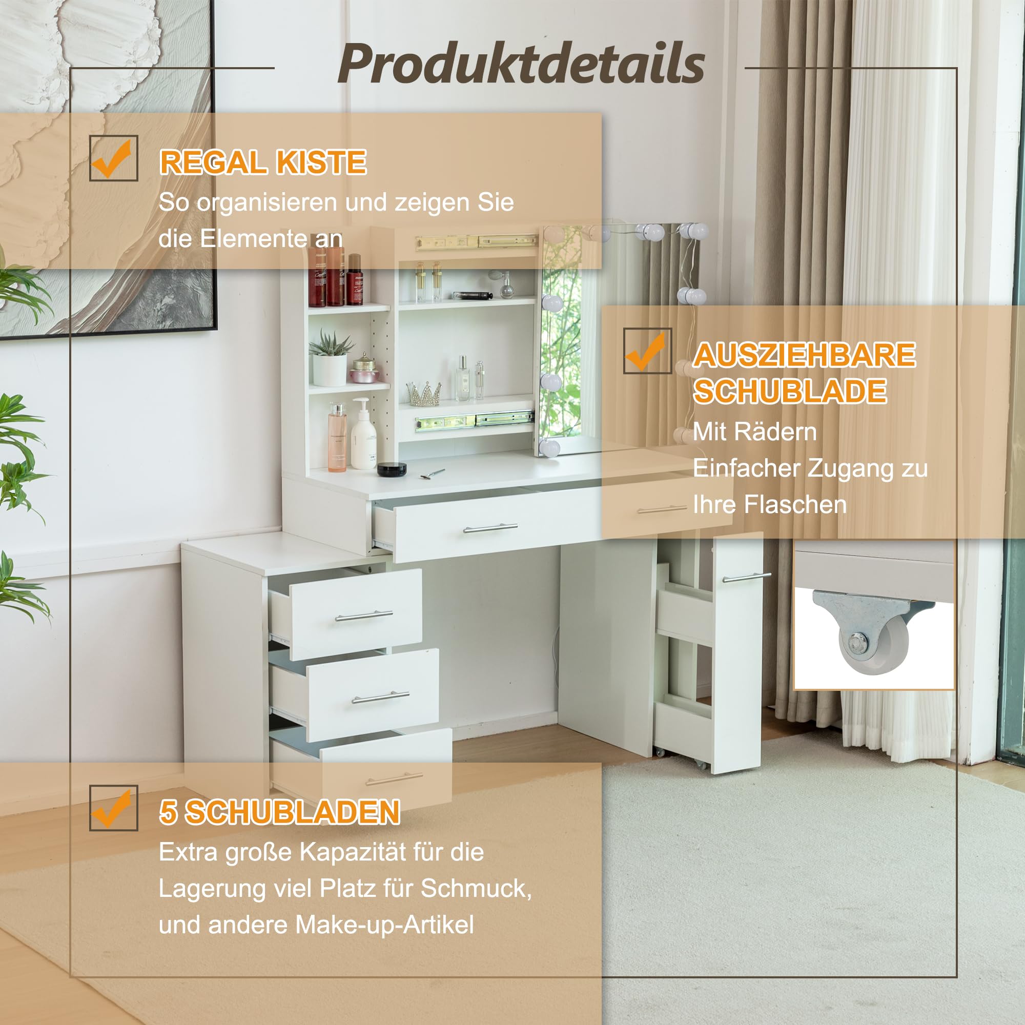 Thanaddo Schminktisch mit Schiebespiegel, 5 Schubladen, offenen Regalen, Hocker, Modern Kosmetiktisch, Frisiertisch, Weiß