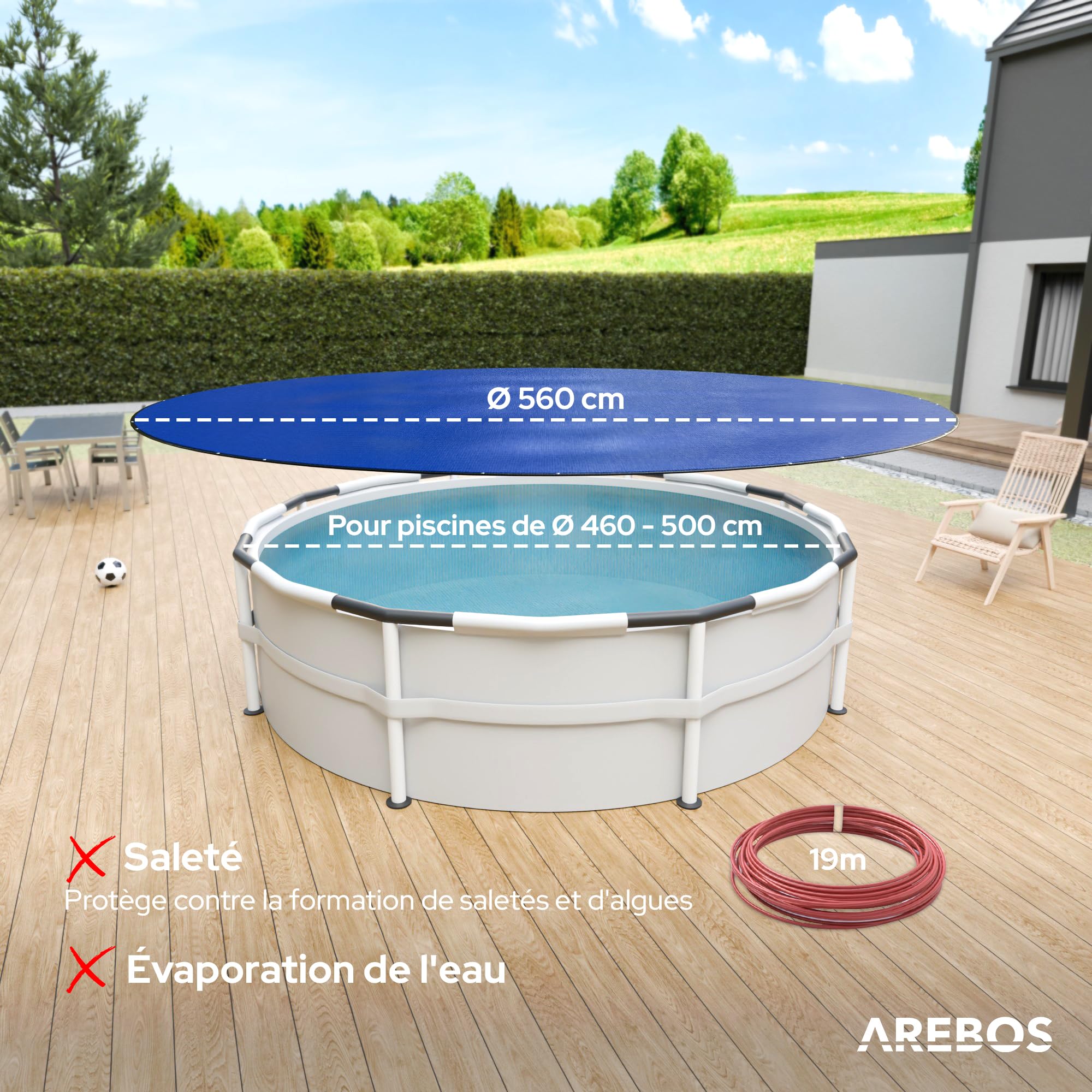 Arebos® Bâche Ronde Ø 560 cm pour Piscine | Bâche 2-en-1 Été & Hiver en PE 200g/m² | Couverture Solaire pour Piscine | Convient aux piscines Ø 460-500 cm