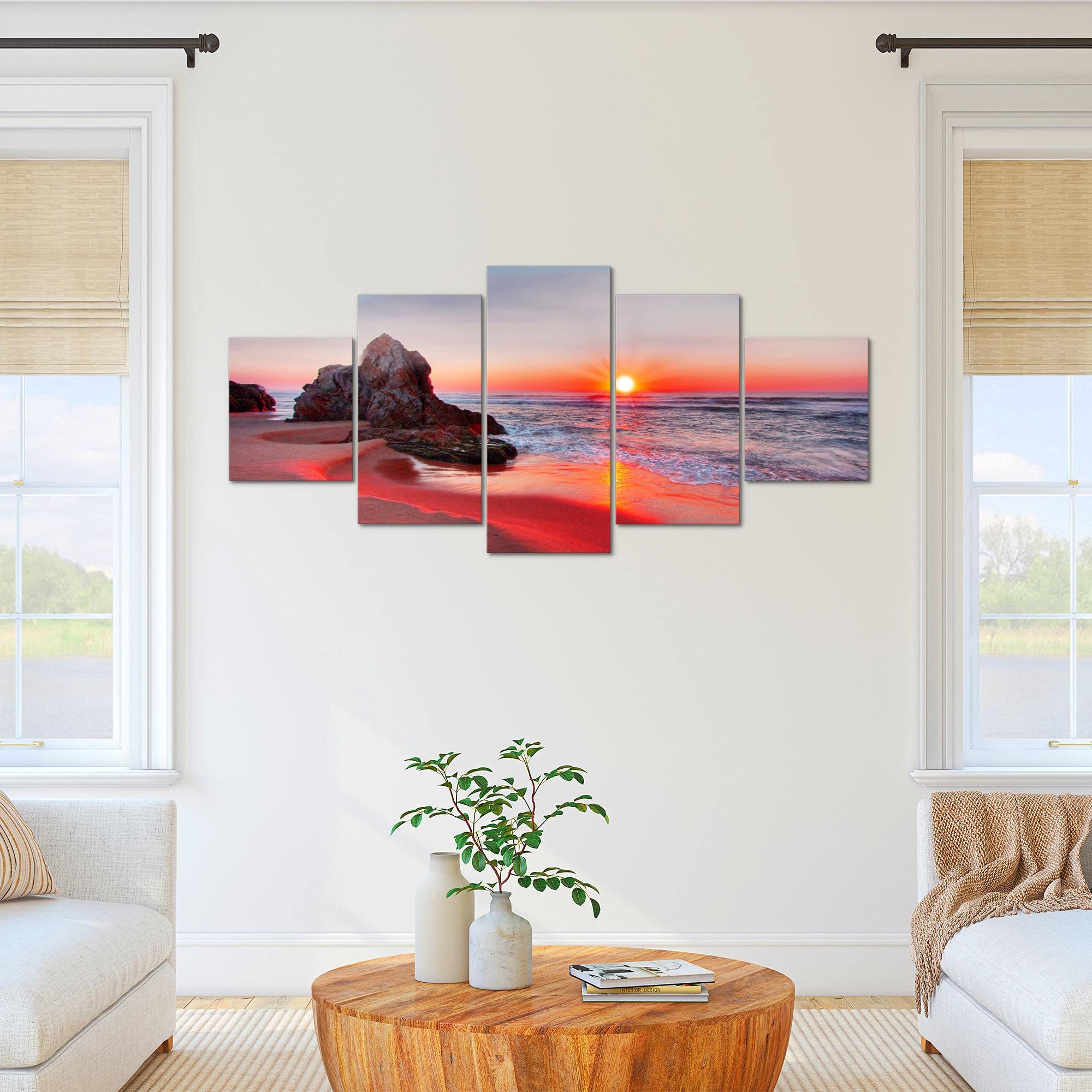 Runa Art - Quadri Tramonto Spiaggia 200 x 100 cm 5 Pezzi XXL Decorazione Murale Design Rosso 609551b