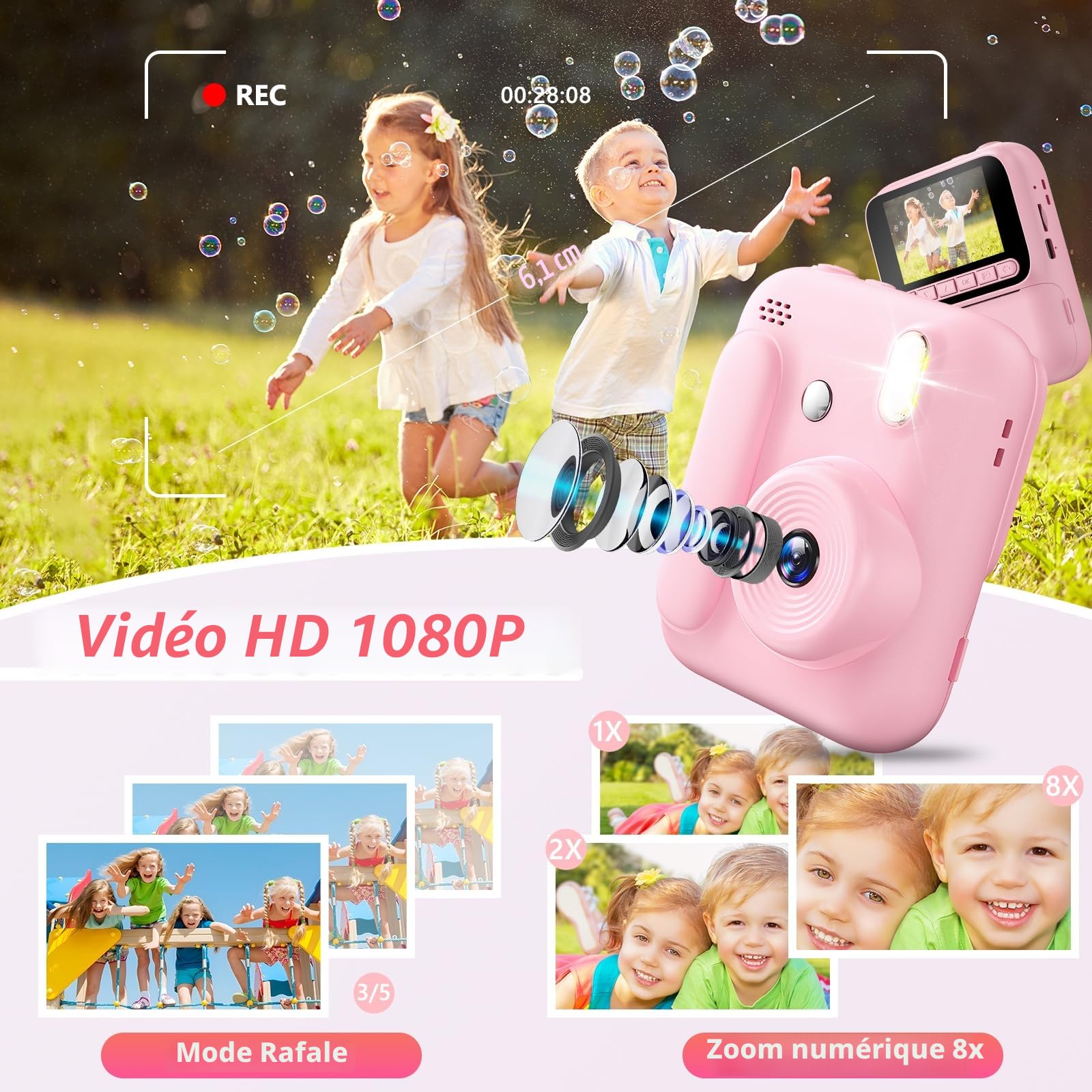 Appareil Photo Instantané Enfants,1080P Appareil Photo Enfant avec 5 Rouleaux de Papier,Carte 32GB et Stylos de Couleur,Appareil Photo Numérique Portable pour Garçons et Filles de 3-14 Ans (Rose)
