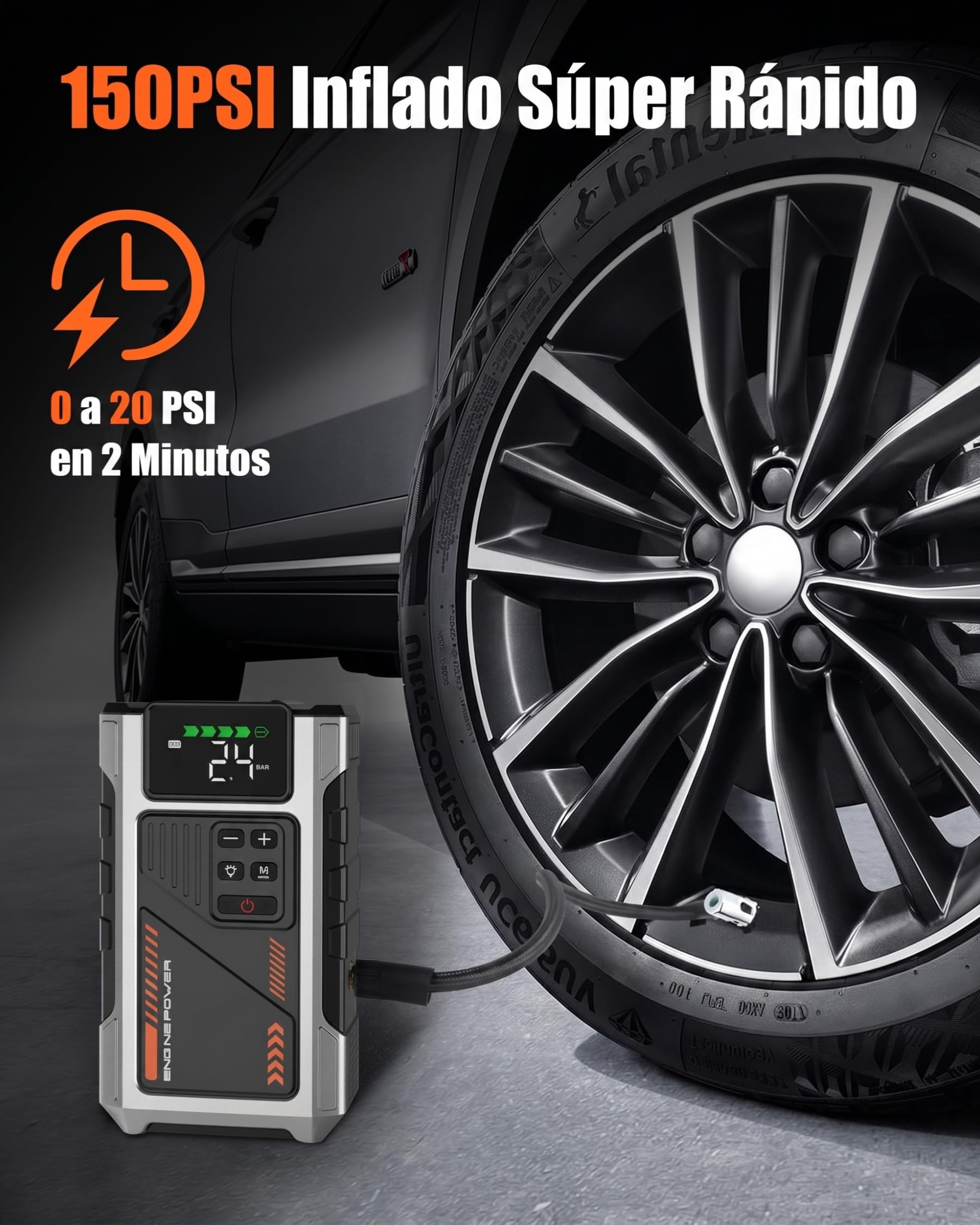 Arrancador de Baterias de Coche con Compresor de 150 PSI, 6000A Arrancador de Coche(para 9.0L Gasolina o 7.5L Diesel), Booster Bateria 12V con Pantalla LCD, Linterna LED