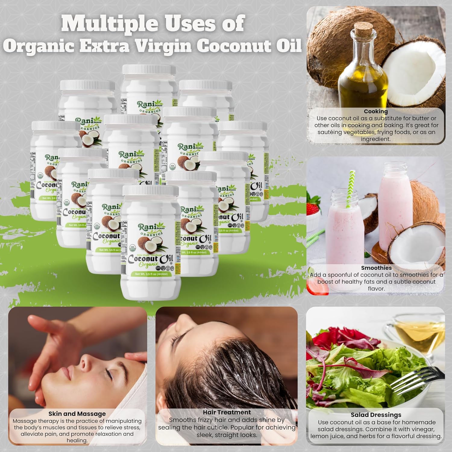 Rani Organic Extra Virgin Coconut Oil, Unrefined 15 fl oz (444ml) Pack of 12, Cold Pressed, NON-GMO | Gluten Free | Kosher | Vegan | 100% Natural | USDA Certified Organic