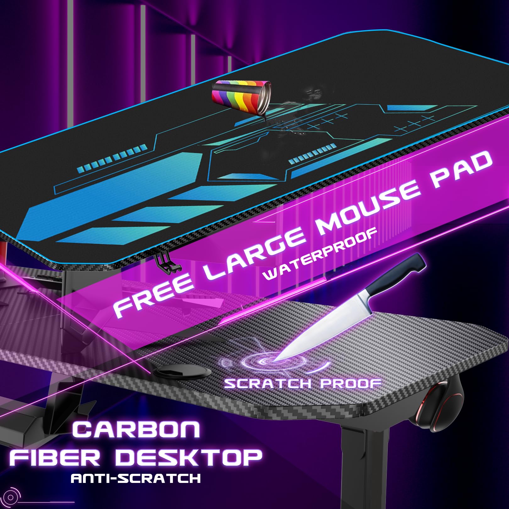 Himimi 160x75 cm Gaming Schreibtisch, Ergonomischer Großer Gaming Tisch, T-Form PC Gamer Computertisch mit Großer Pad, Becherhalter, Kopfhörerhaken, Kabelmanagement & Gaming Griffgestell, 160x75x75cm