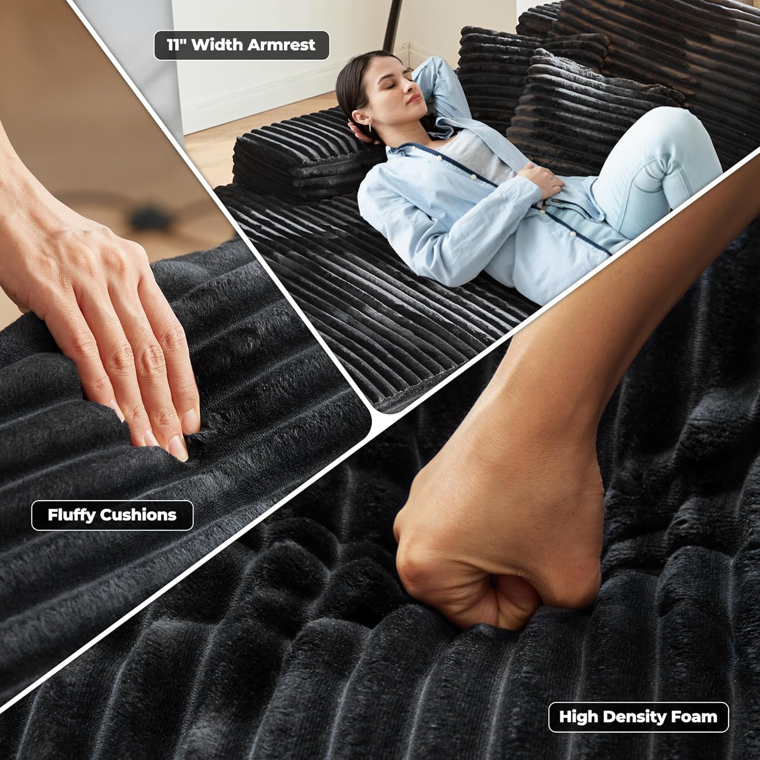 Oversized Chaise Lounge Sofa Indoor - Luxury 80" Cloud Sectional Couch Sofa Bed, Deep Seat Plush Corduroy Lounge Chair Sleeper Sofa for Living Room Bedroom (Black,2PCS)