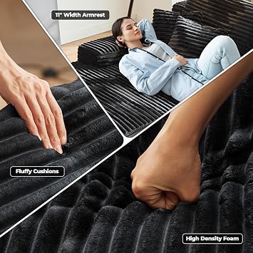 Oversized Chaise Lounge Sofa Indoor - Luxury 80 Cloud Sectional Couch Sofa Bed, Deep Seat Plush Corduroy Lounge Chair Sleeper Sofa for Living Room Bedroom (Black,2PCS)