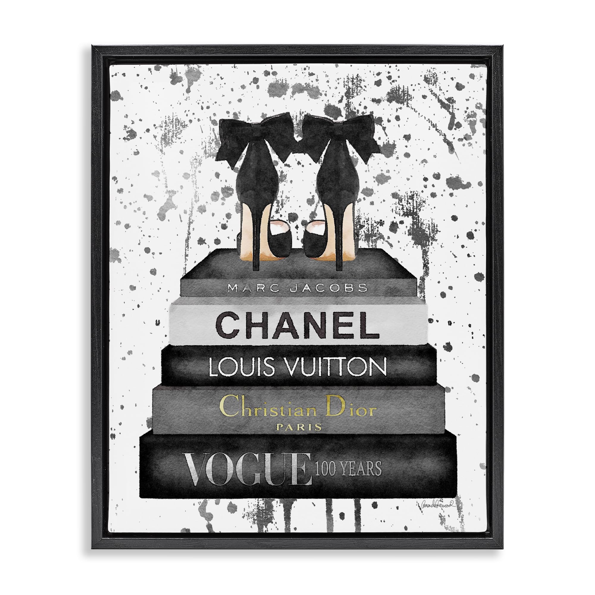 Stupell Industries Glam Fashion Book Stack Grey Bow Pump Heels Ink, Design by Amanda Greenwood, Black Floater Framed, 16 x 20