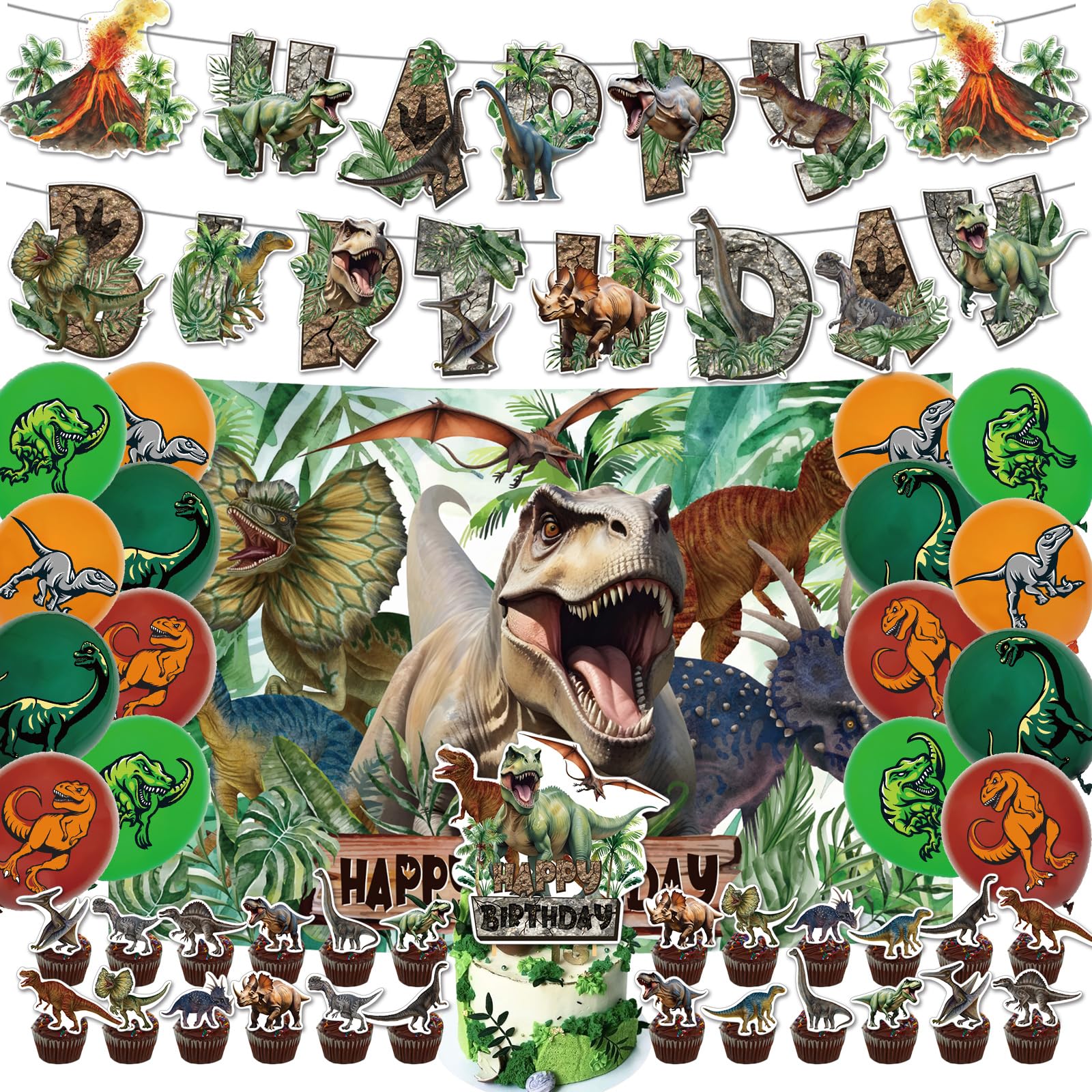 Gadeja 43Pcs Dinosaur Birthday Party Decoration, Dinosaur Party Supplies, Includes Balloons, Happy Banner, Cake Topper, Background, For Boy/Girl